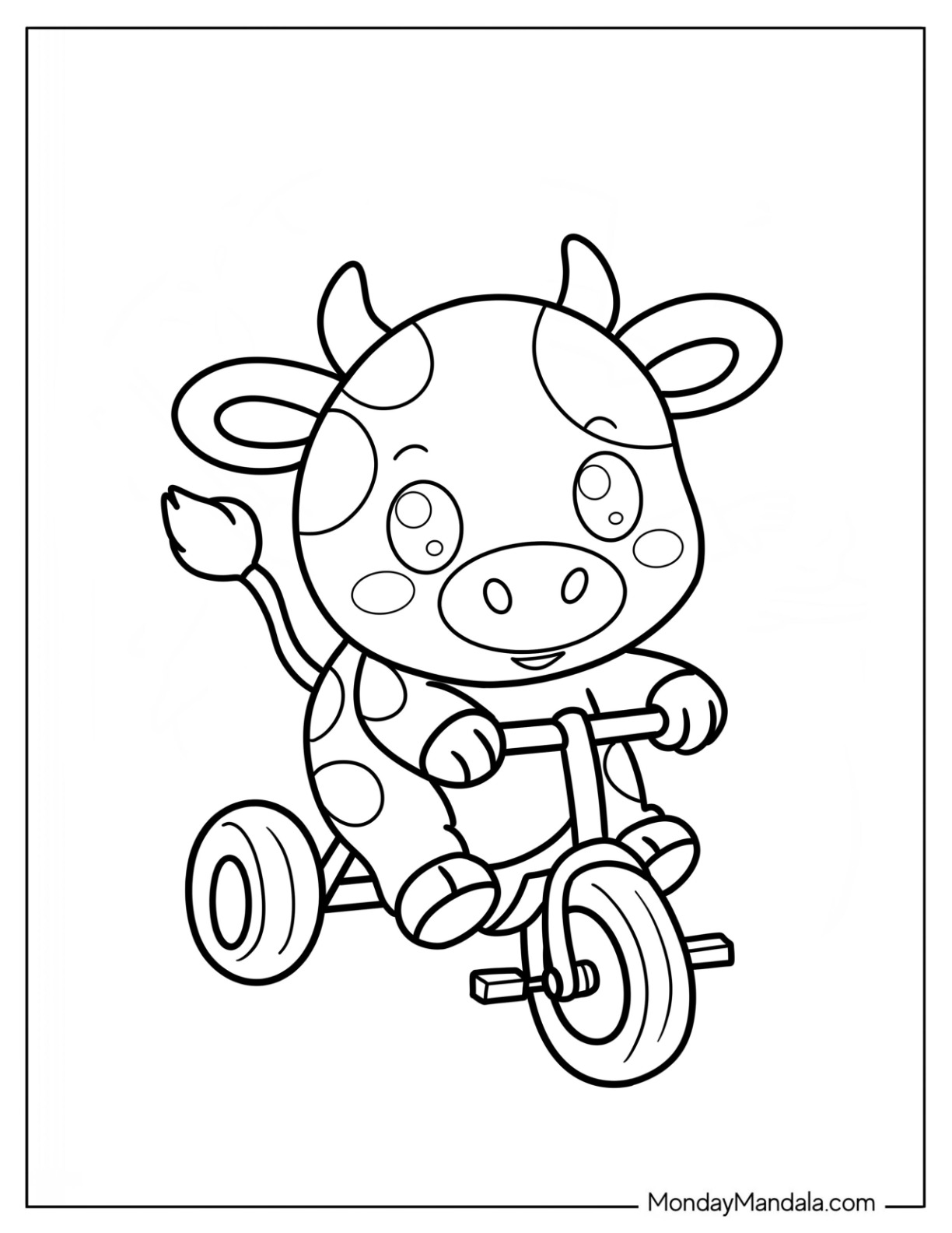 Simple Cartoon Cow Coloring Page Riding A Bicycle for Preschoolers coloring page