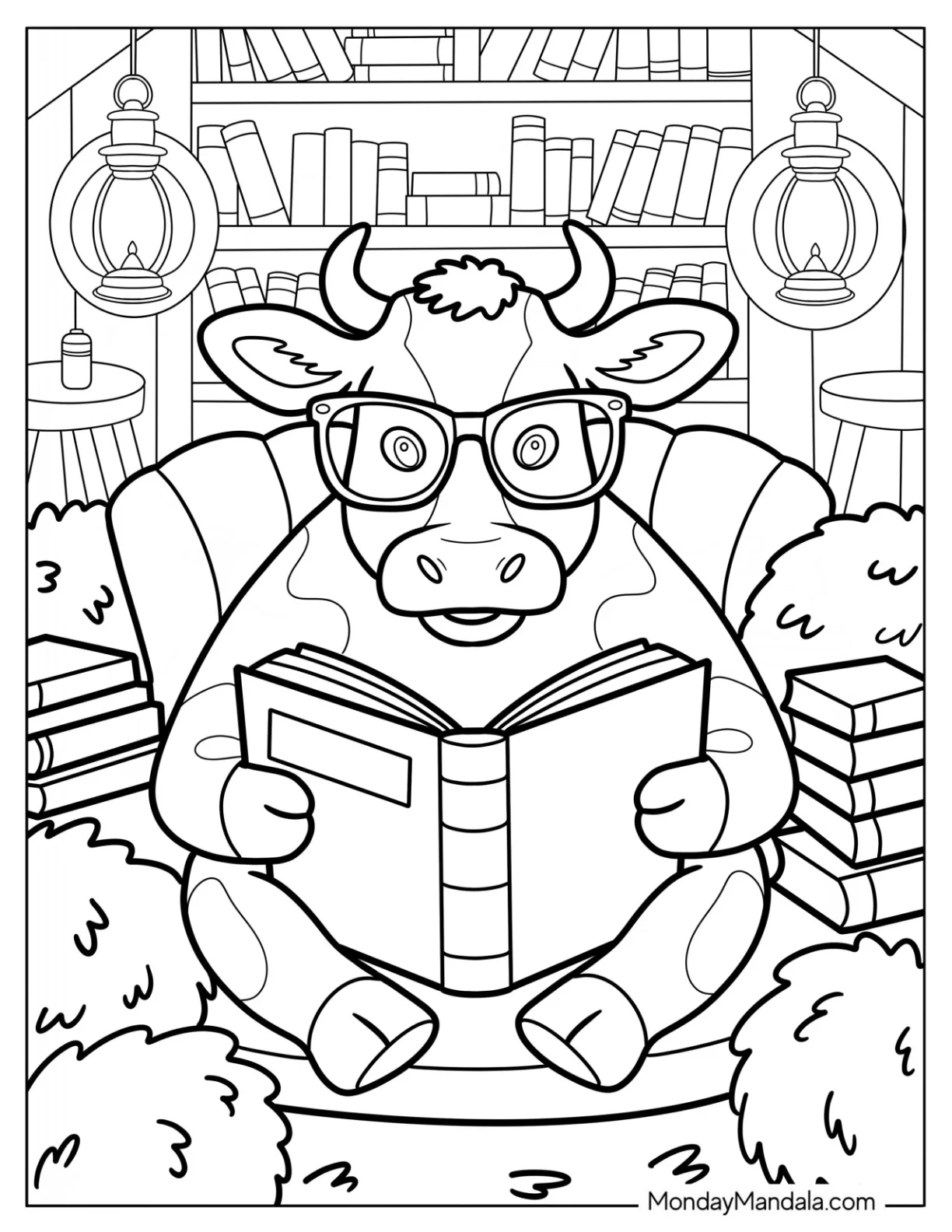 Smart Cow Coloring Page Reading A Book In A Cozy Library coloring page
