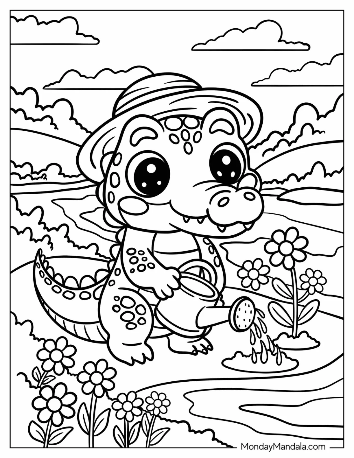 Adorable Crocodile Coloring Page Flowering a Garden for Kids coloring page — printable line art