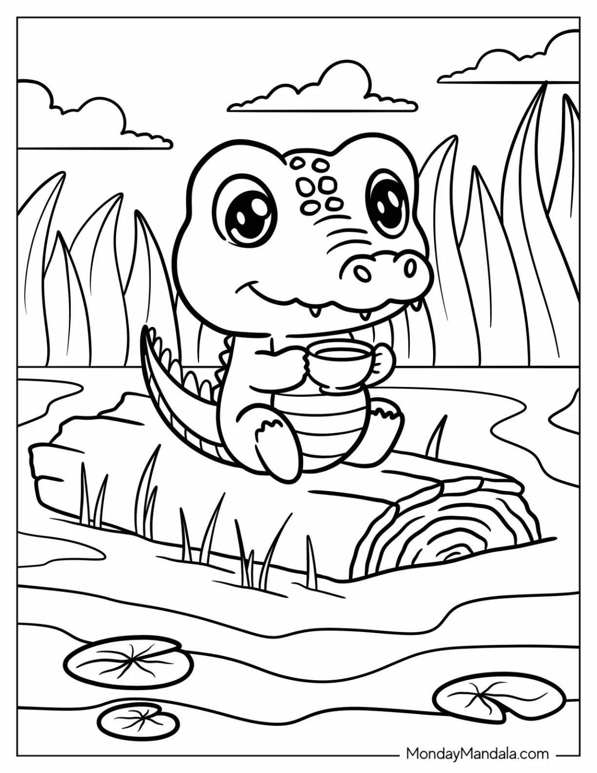 Baby Crocodile Coloring Page Having Tea on a Log in the River for Preschoolers coloring page — printable line art