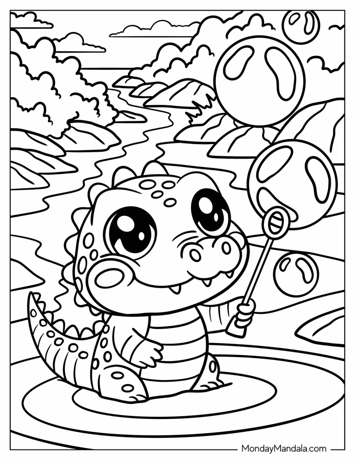 Baby Crocodile Coloring Page Playing with Bubbles in the River for Preschoolers coloring page