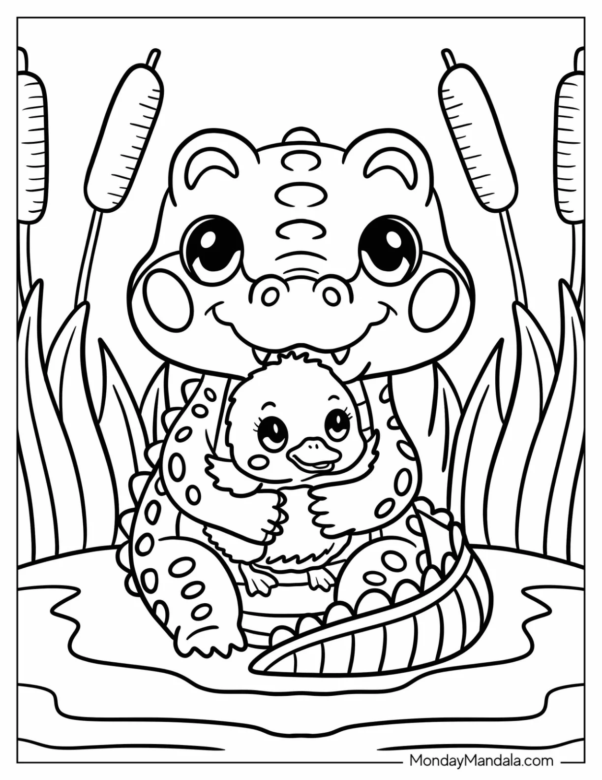 Cartoon Crocodile Coloring Page Hugging a Chick coloring page