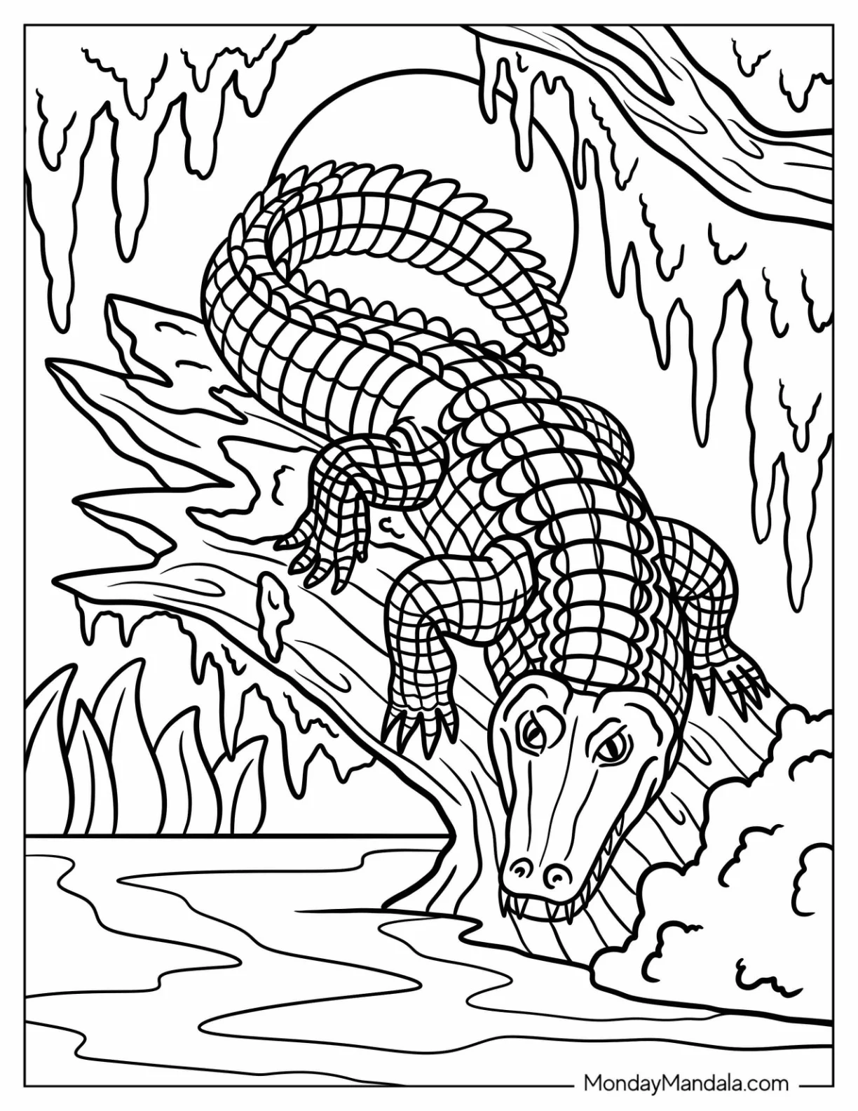 Crocodile Coloring Page Climbing Down a Tree to the River coloring page — printable line art