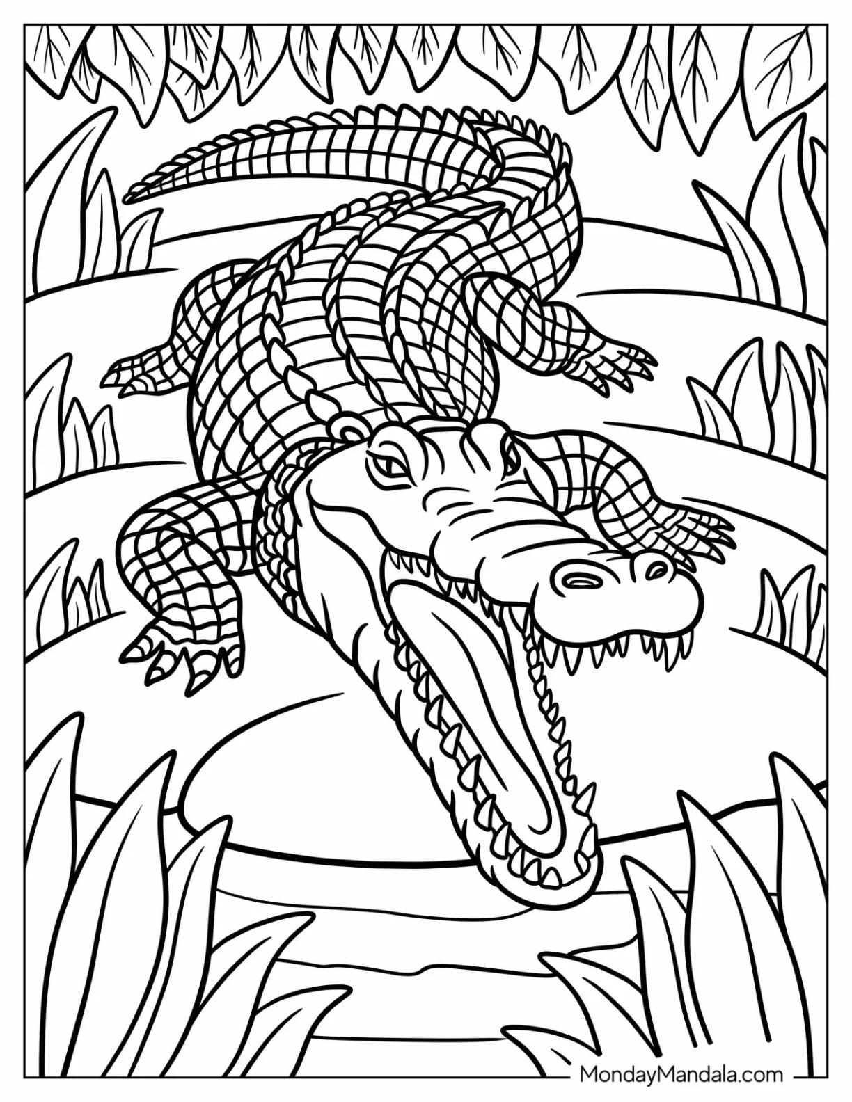 Crocodile Coloring Page Growling Near a River coloring page — printable line art