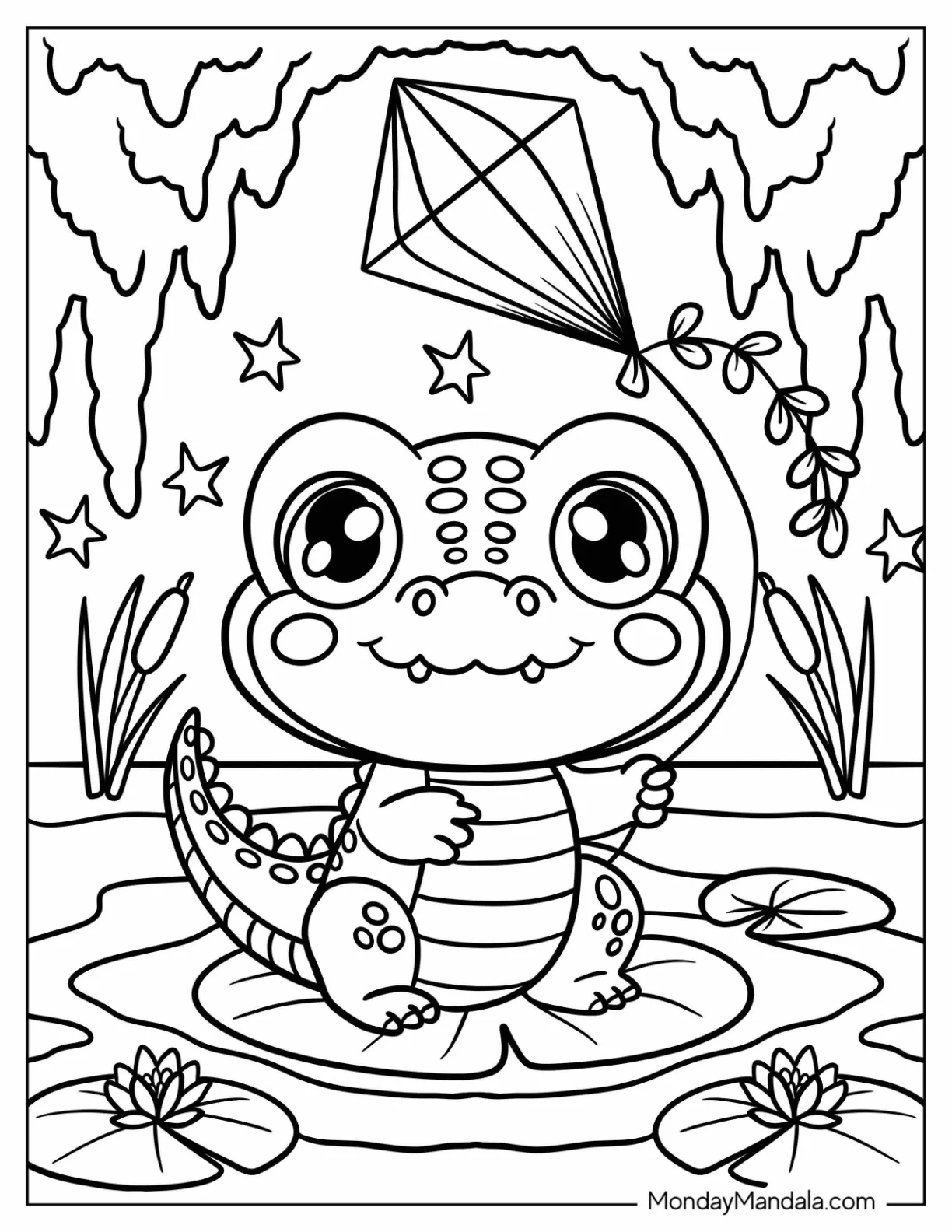 Crocodile Coloring Page in a Lily Pad Holding Balloons coloring page