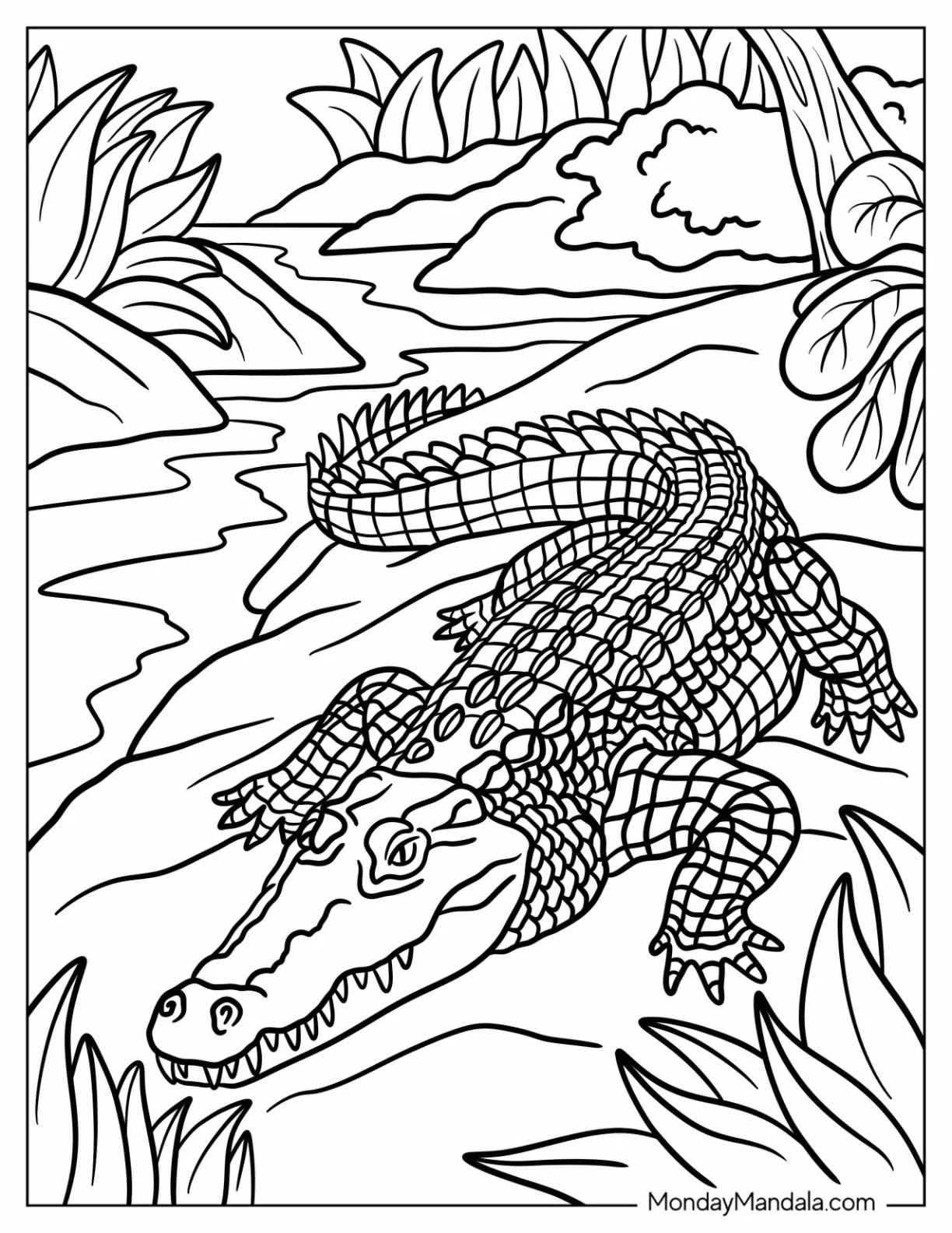 Detailed Crocodile Coloring Page Crawling Through Mud coloring page — printable line art