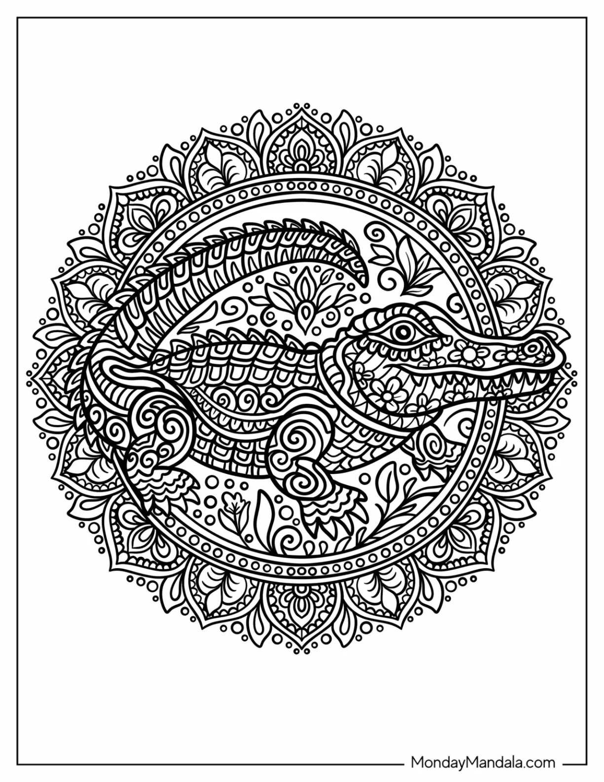 Elegant Crocodile Coloring Page with Flower Patterns coloring page