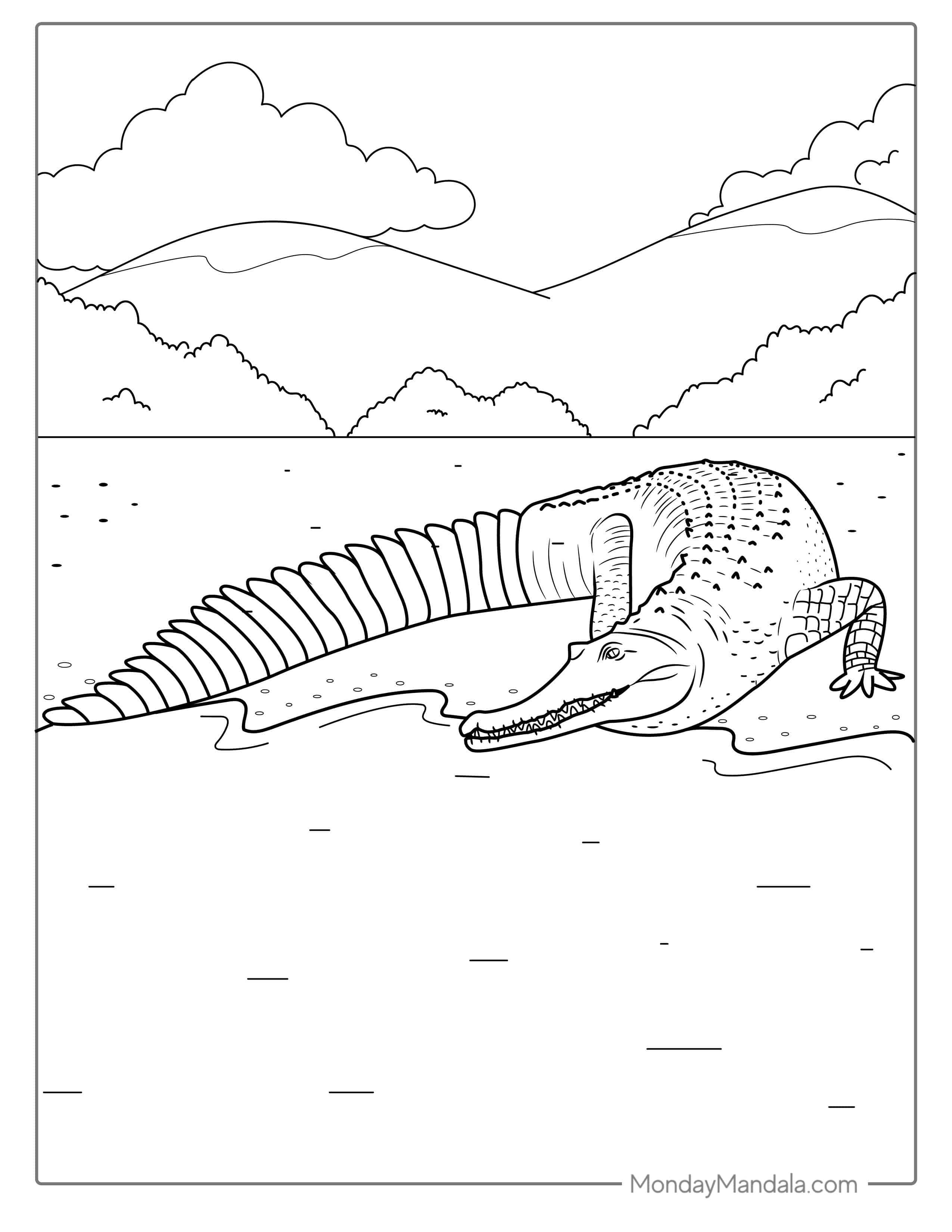 Freshwater Crocodile Going Into Water Coloring Page coloring page — printable line art
