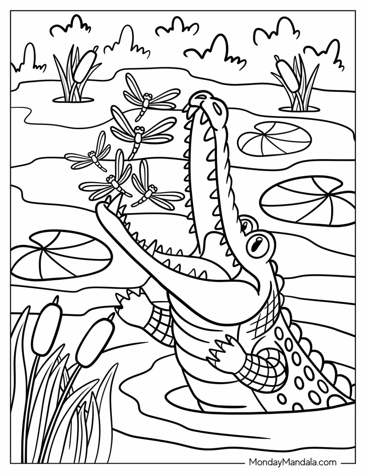 Funny Crocodile Coloring Page Chasing Dragonflies in the River coloring page