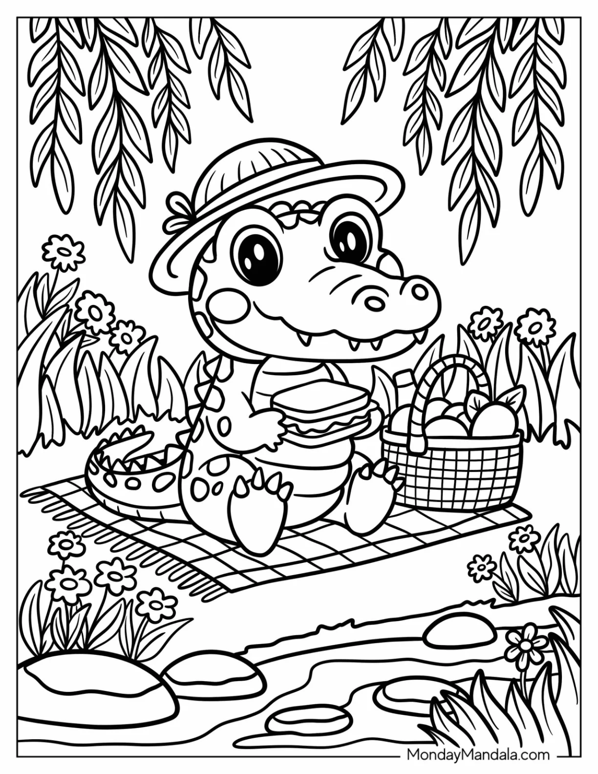 Kawaii Crocodile Coloring Page Having a Picnic for Kids coloring page