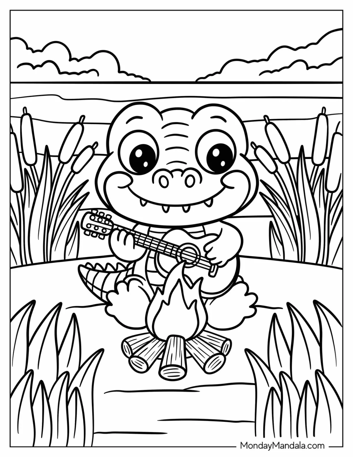 Musical Crocodile Coloring Page Playing a Guitar by a Bonfire for Kids coloring page