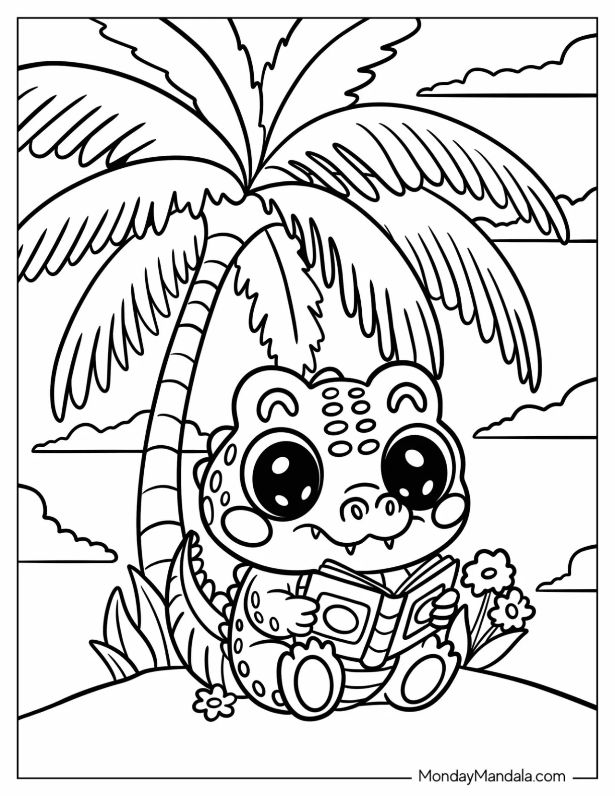 Nerdy Crocodile Coloring Page Reading under a Palm Tree for Kids coloring page
