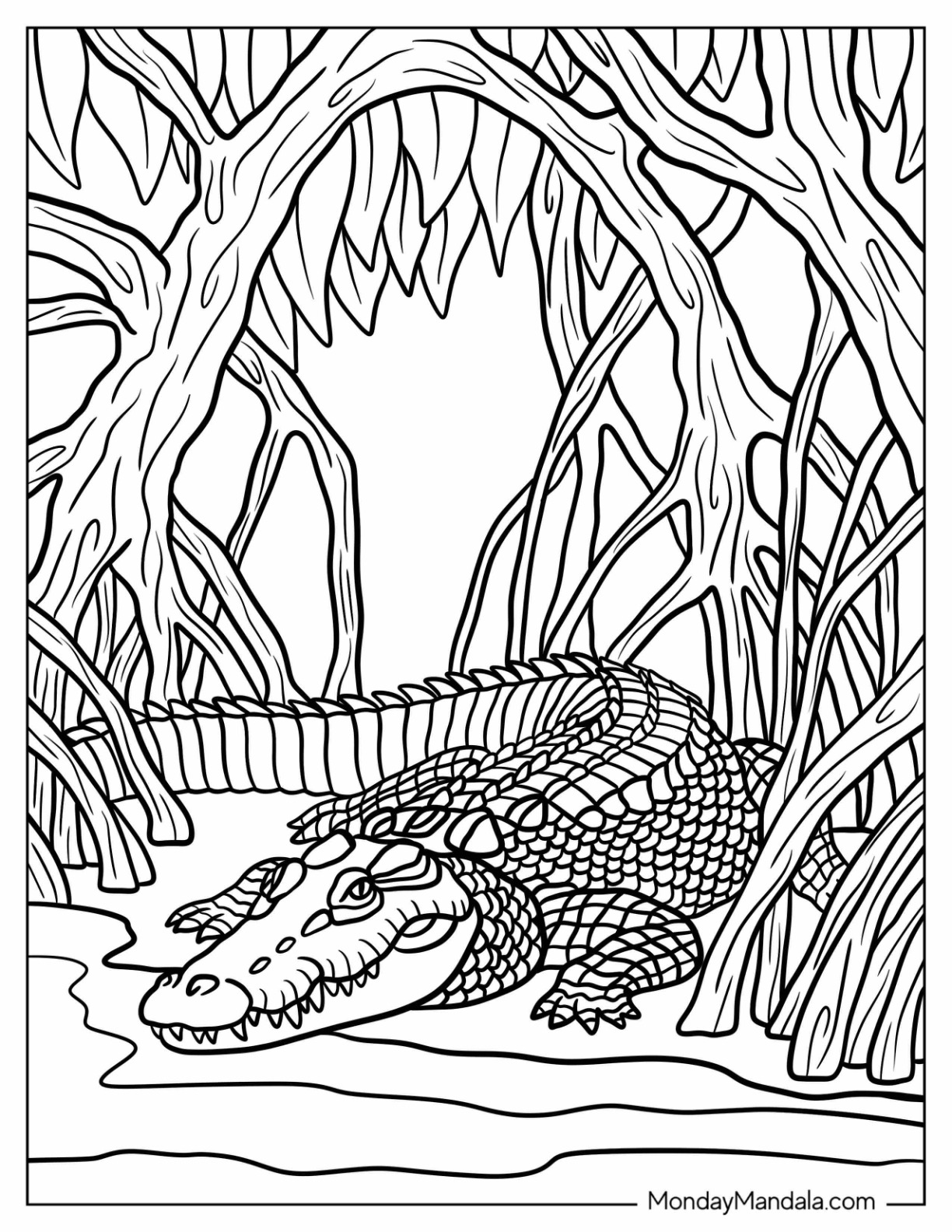 Peaceful Crocodile Coloring Page Resting Next to a River coloring page
