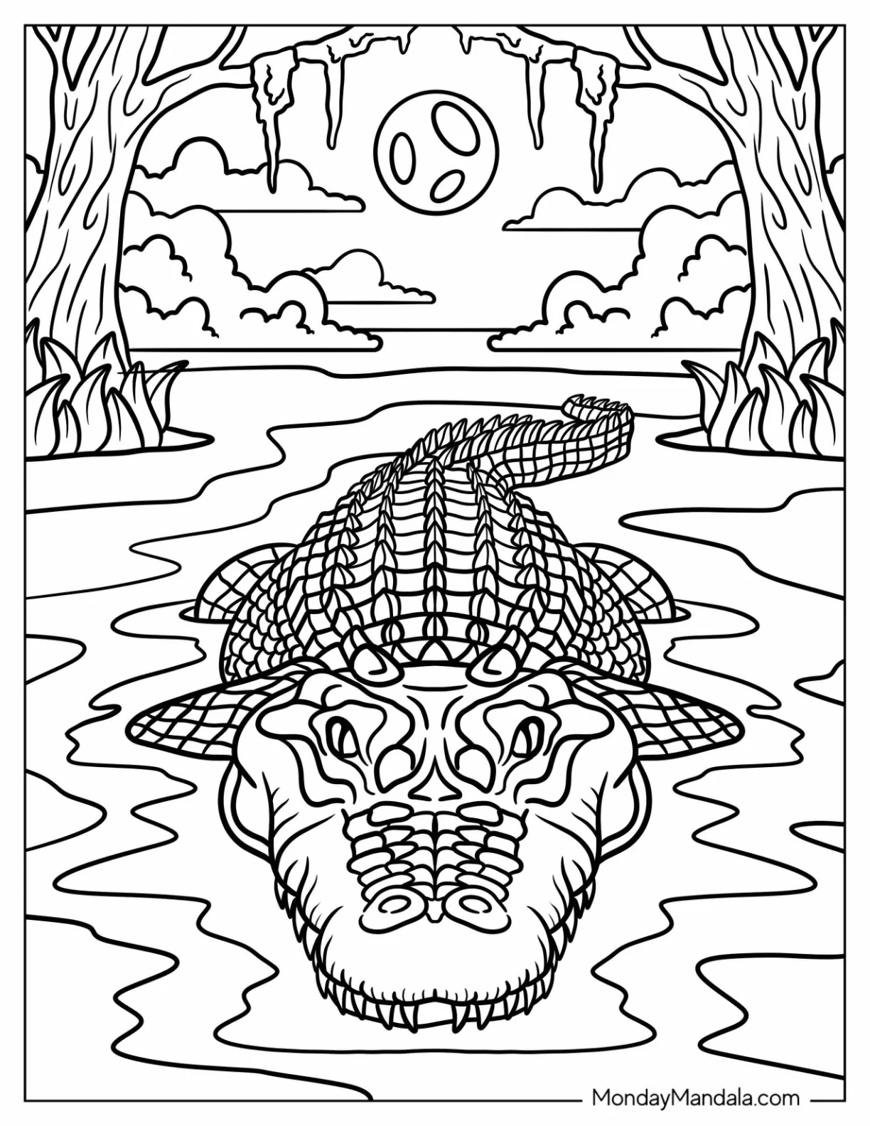 Scary Crocodile Coloring Page Surfacing from a River coloring page