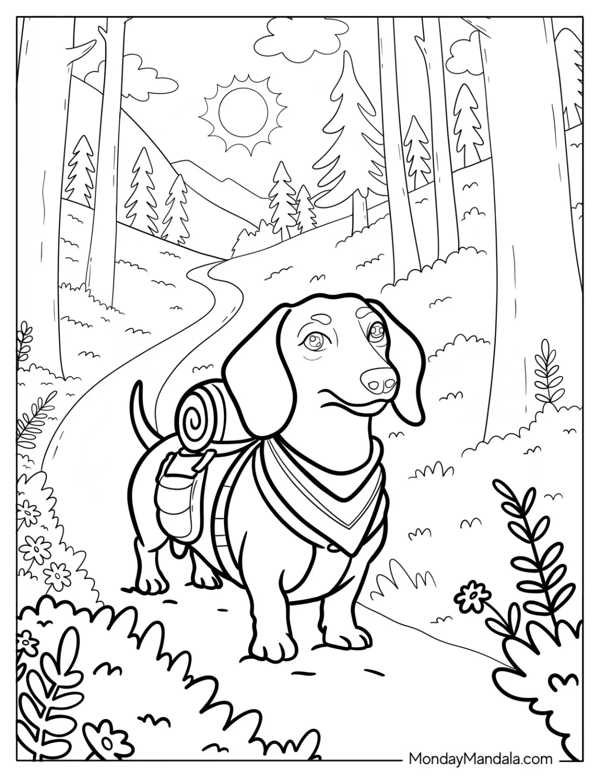 Adventurous Dachshund Puppy Exploring Mountain Path with Sunshine and Trees coloring page