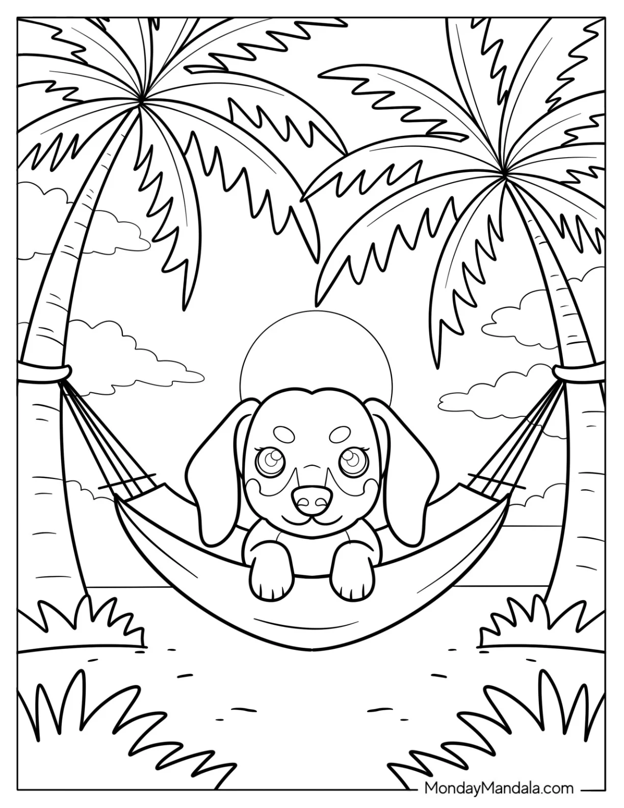 Chill Dachshund in Hammock on Island Paradise with Sunset Coloring Page coloring page