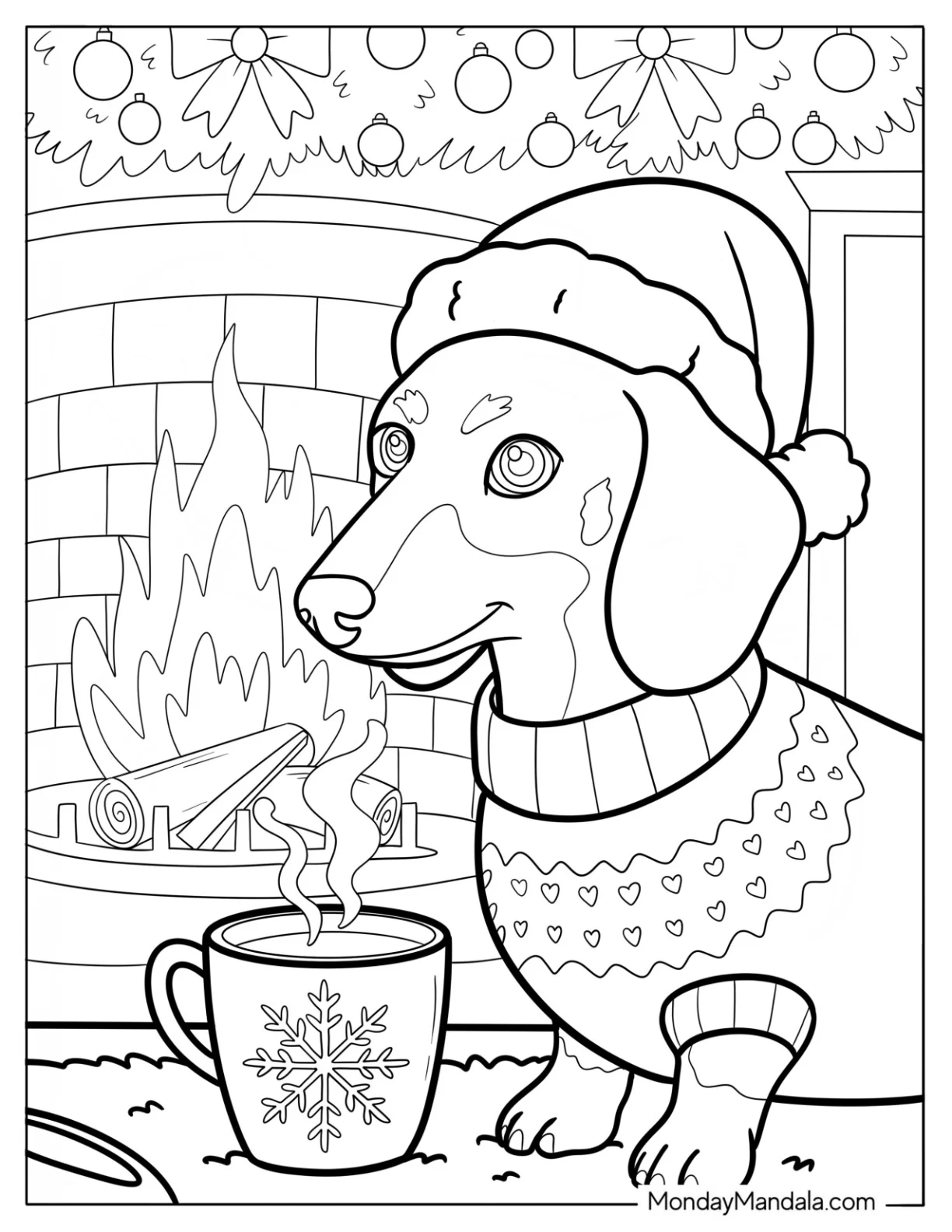 Christmas Dachshund in Sweater and Santa Hat by Fireplace with Hot Cocoa Coloring Page coloring page