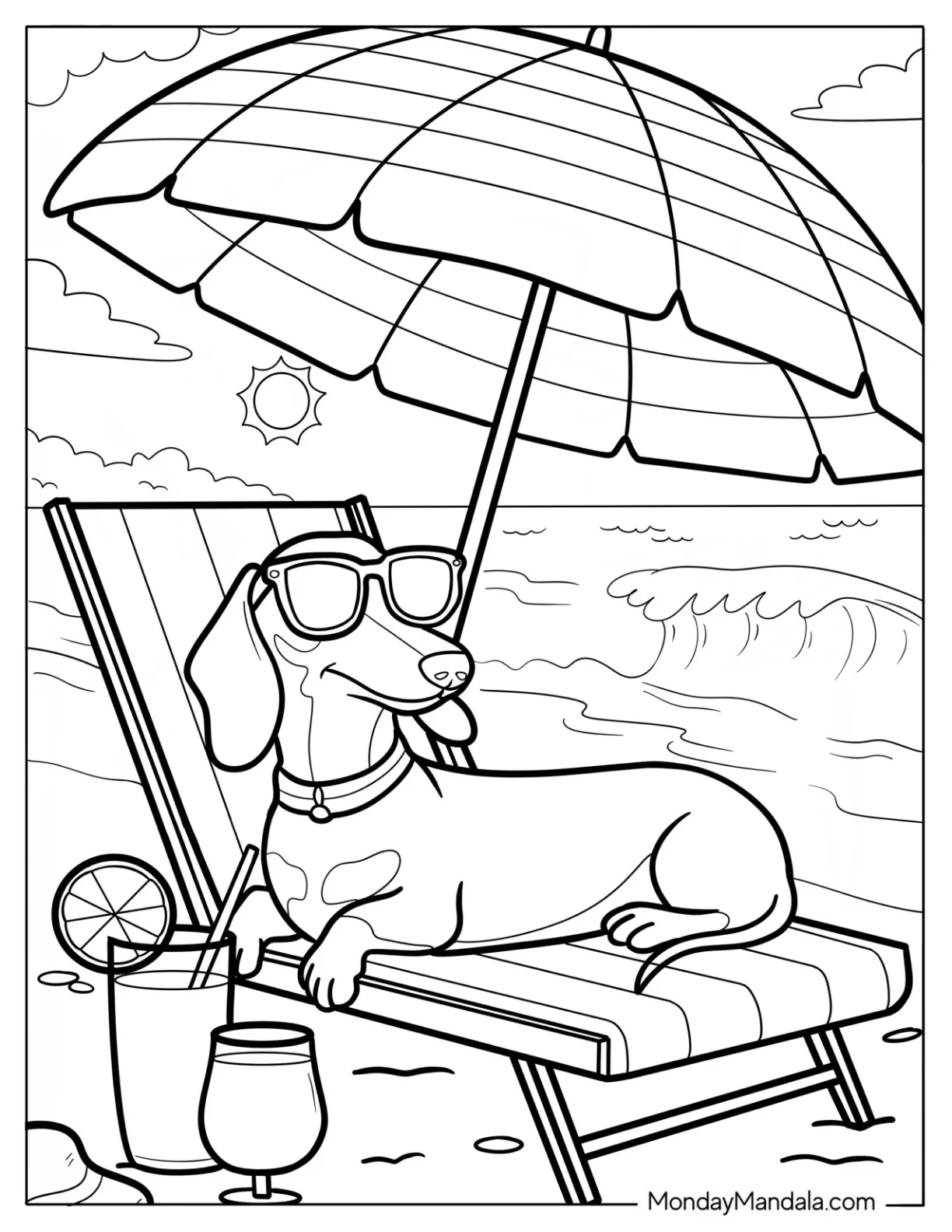 Cool Dachshund in Sunglasses Relaxing on Beach Chair with Umbrella and Ocean View coloring page