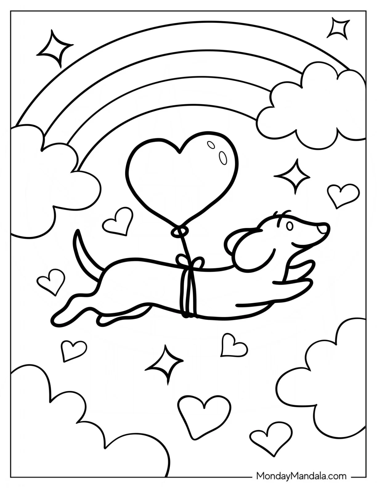 Dachshund Coloring Page Flying With Balloon In The Sky coloring page
