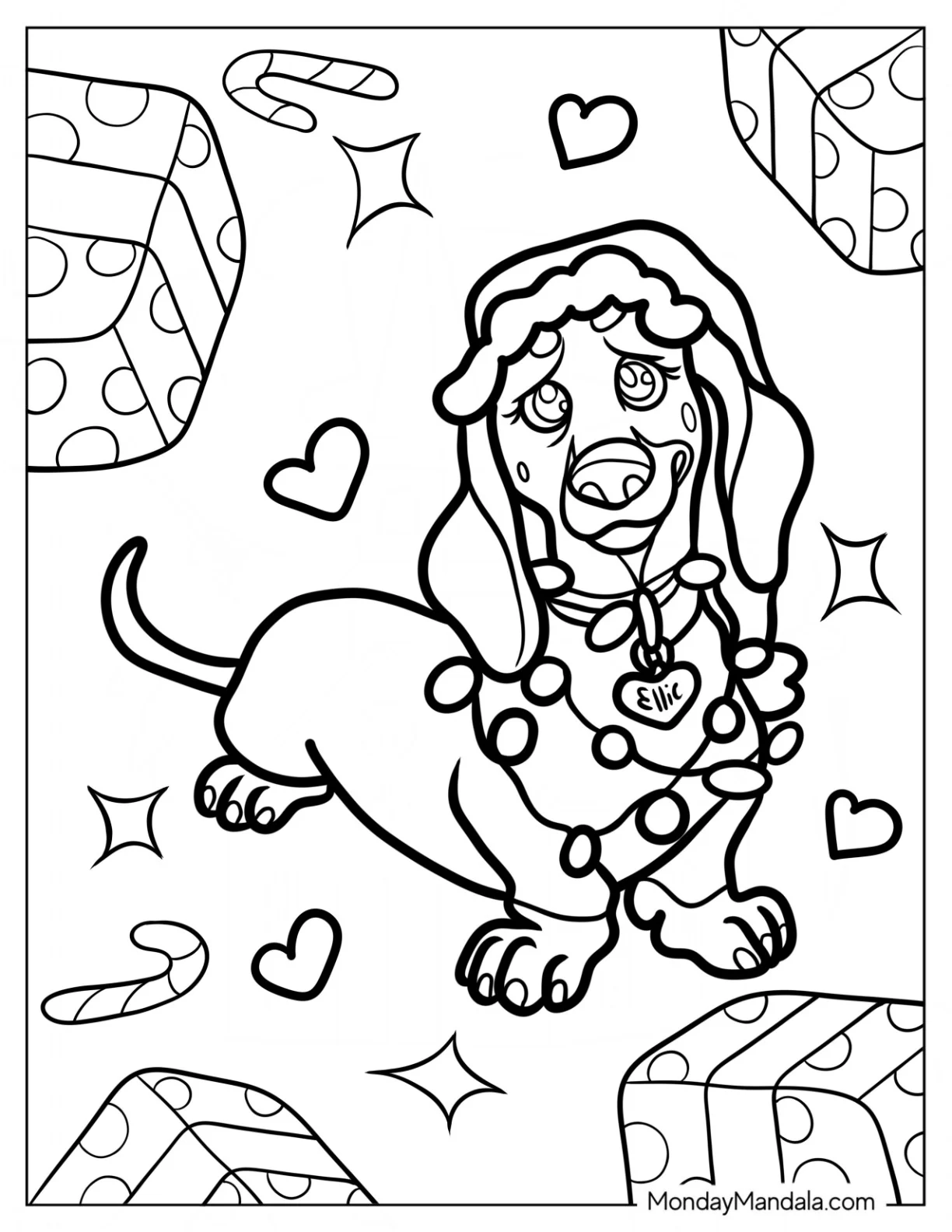 Dachshund Coloring Page In Santa Hat And Christmas Lights coloring page