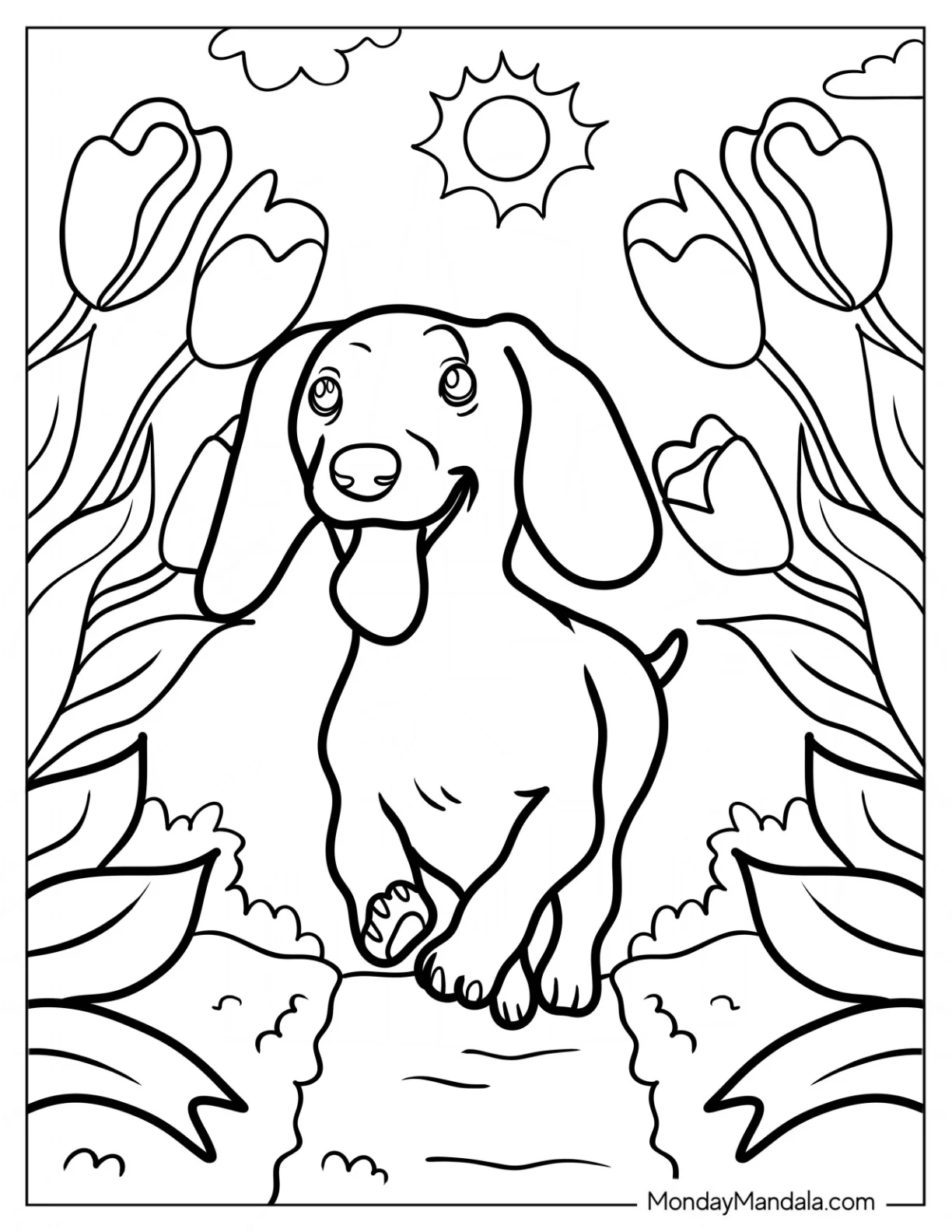 Dachshund Coloring Page Running In Flower Garrden coloring page
