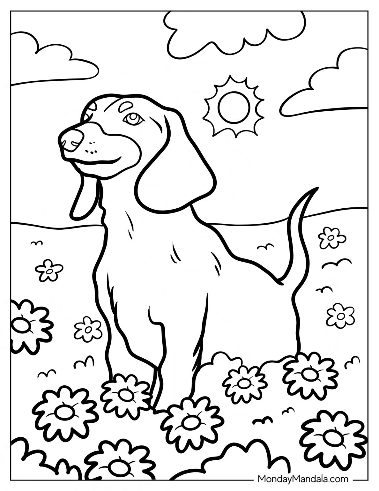 Dachshund Coloring Page Sitting With Flowers coloring page