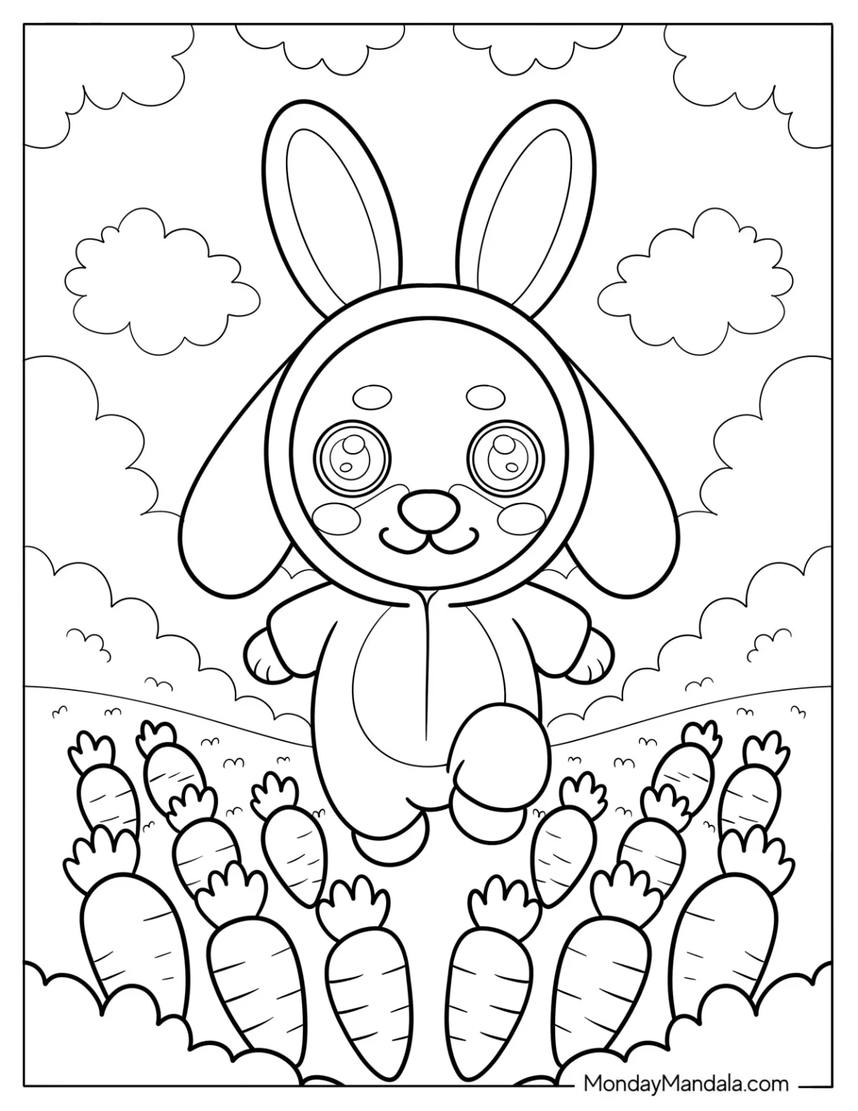 Dachshund in Bunny Costume Hopping Through Carrot Field with Clouds Coloring Page for Kids coloring page