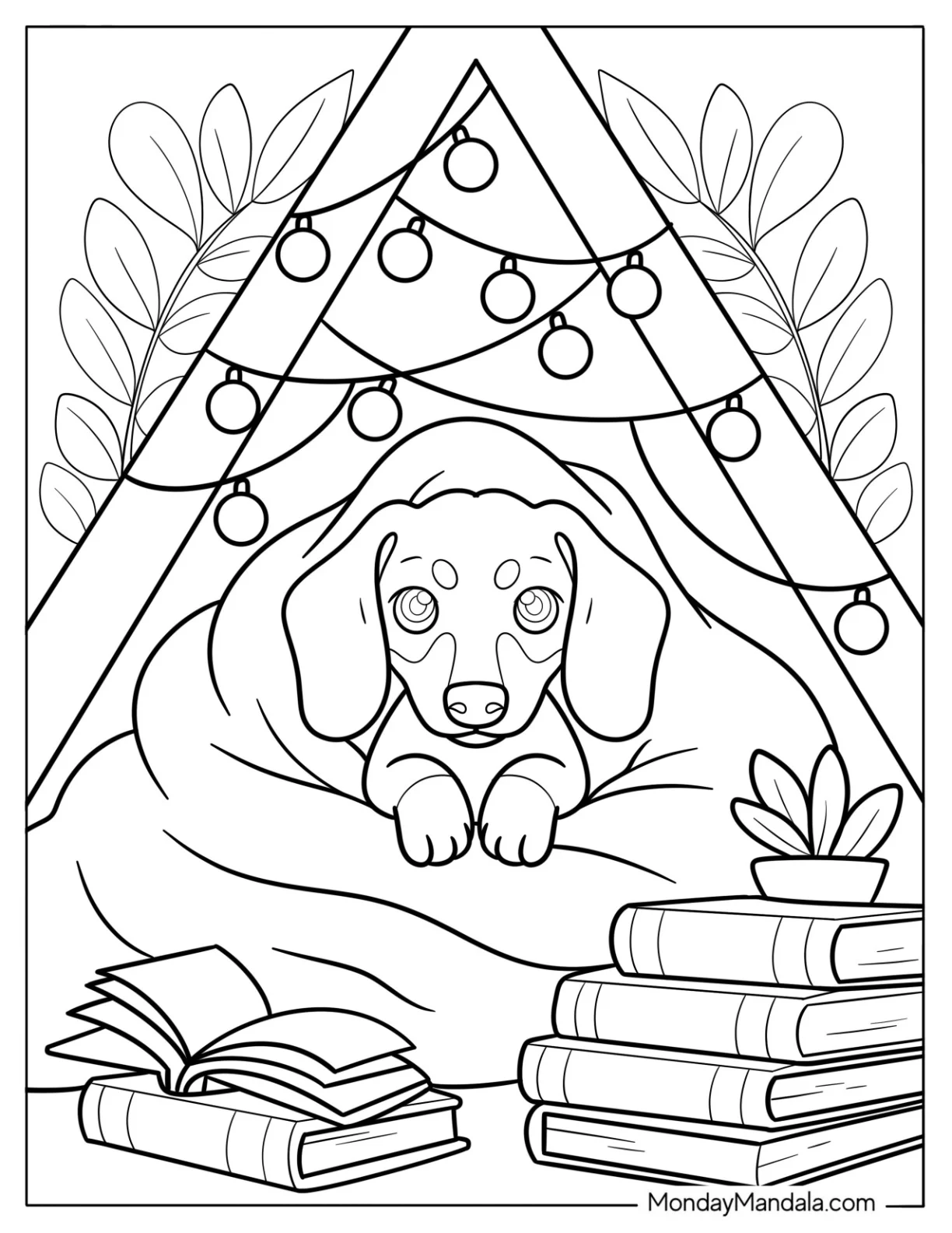 Dachshund in Indoor Tent Surrounded by Books, Lights, and Warm Blankets coloring page