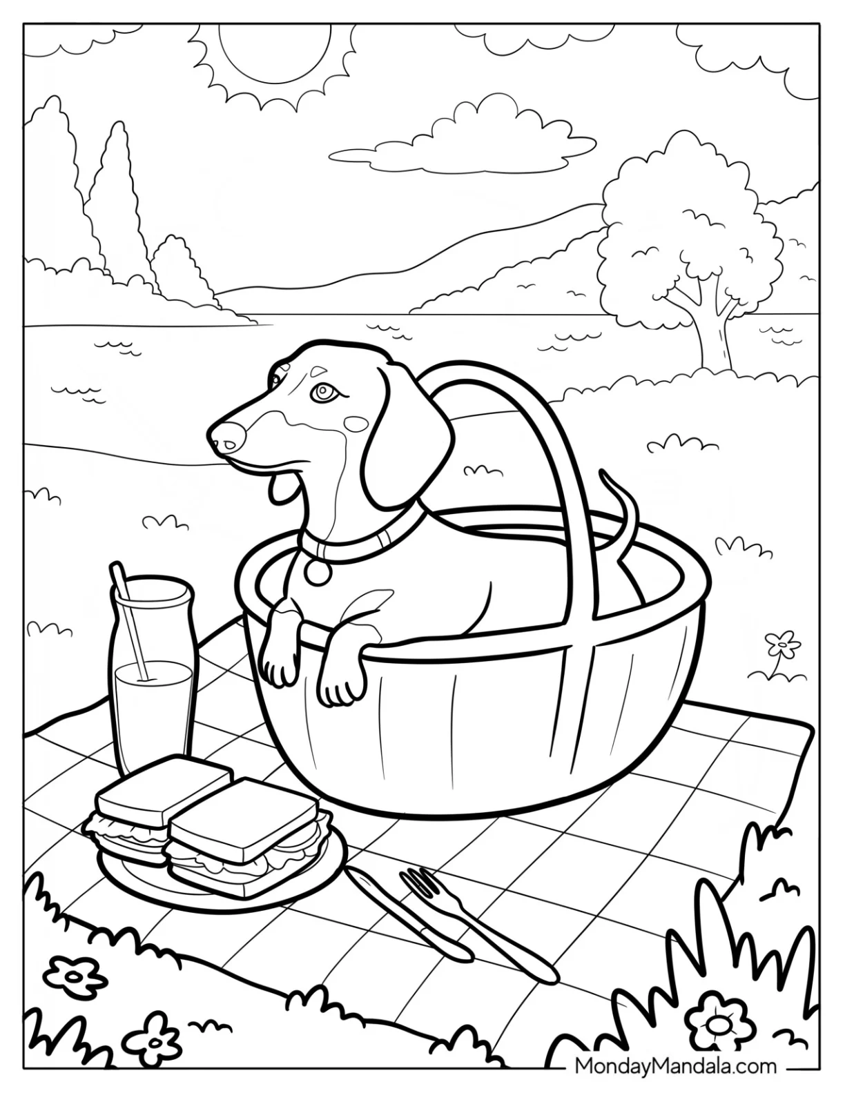 Dachshund in Picnic Basket with Sandwiches and Juice in a Sunny Park coloring page