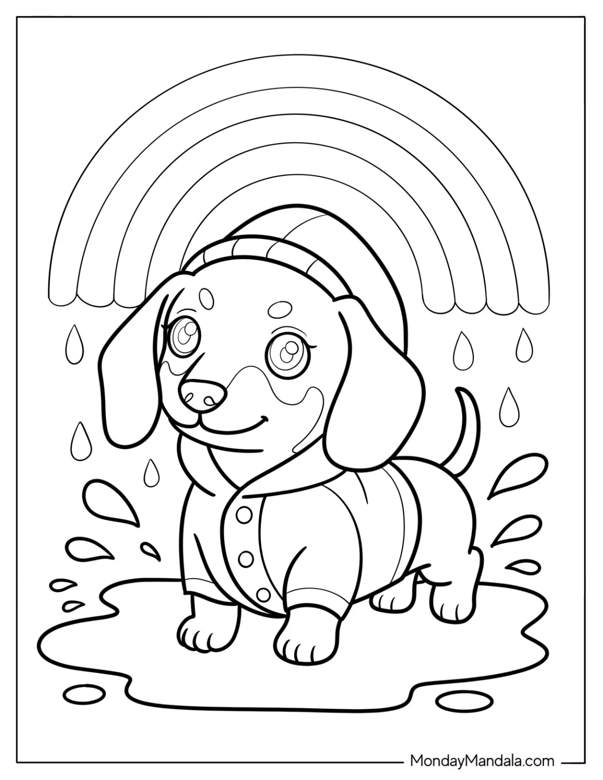 Dachshund in Raincoat Splashing in Puddle with Rainbow and Raindrops Coloring Sheet for Kids coloring page