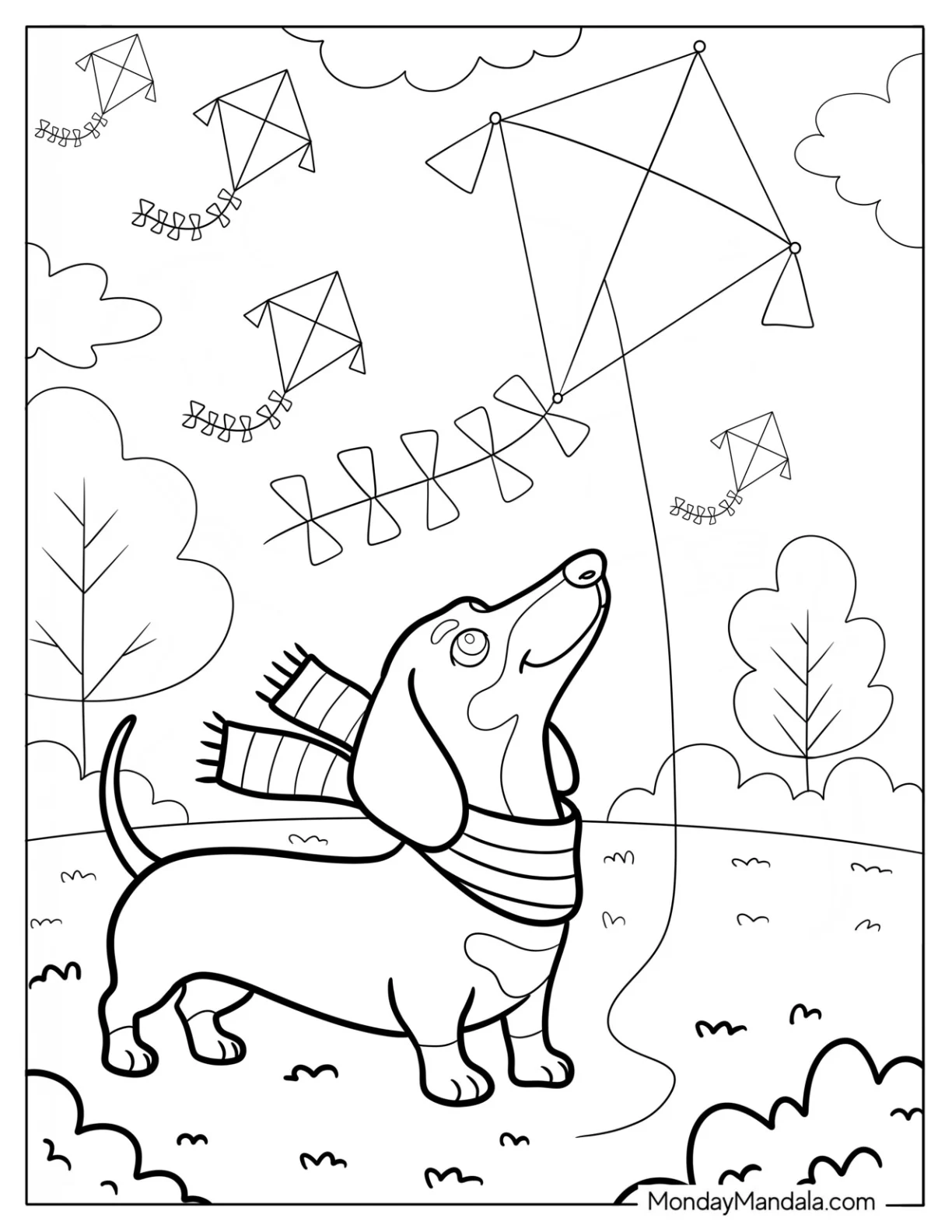 Dachshund on Windy Day with Scarf and Colorful Kites in the Sky Coloring Page for Kids coloring page — printable line art