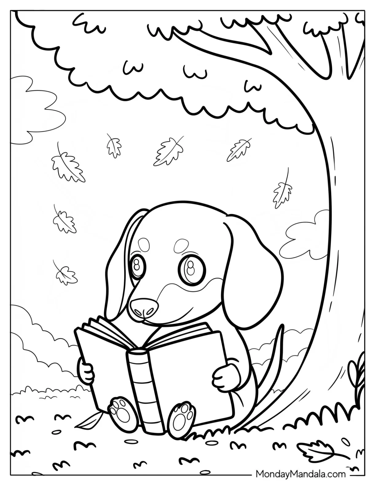 Dachshund Reading Book Under Tree with Falling Autumn Leaves Coloring Page for Preschoolers coloring page — printable line art
