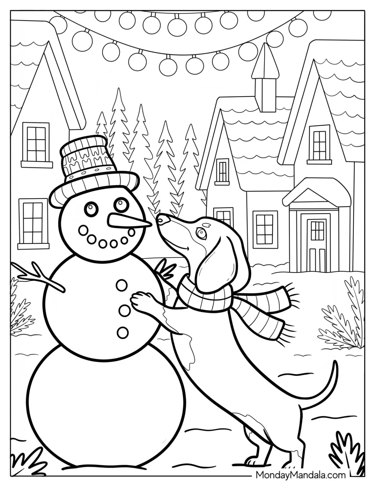Festive Dachshund Playing with Snowman in Holiday Village Coloring Page coloring page