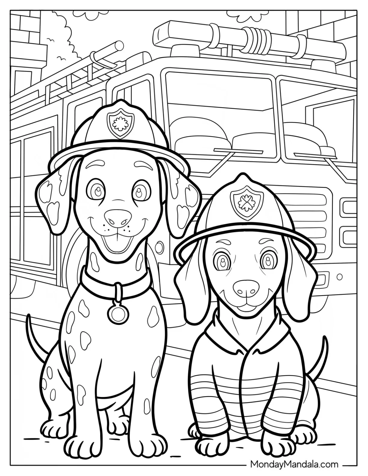 Firefighter Dachshund with Dalmatian Friend and Fire Truck in Background Coloring Page coloring page