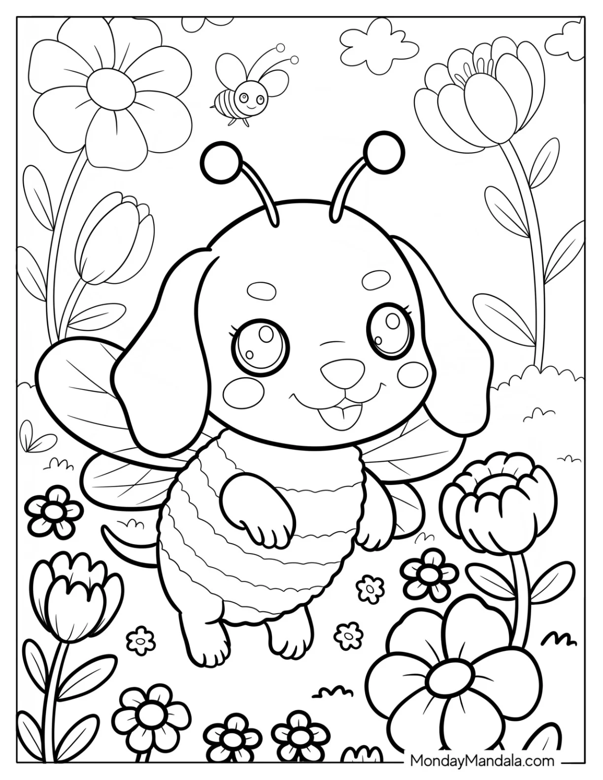 Kawaii Dachshund Puppy in Bee Outfit Surrounded by Flowers and Buzzing Insects Coloring Sheet for Preschoolers coloring page