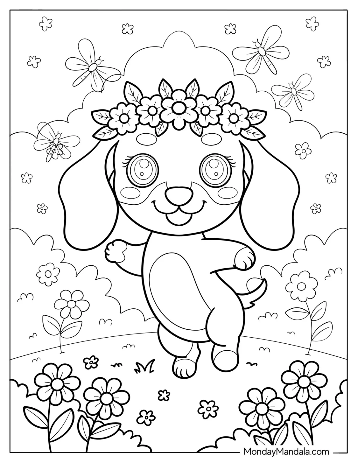 Playful Dachshund Dancing in Garden Wearing Flower Crown and Big Smile Coloring Sheet for Kids coloring page — printable line art