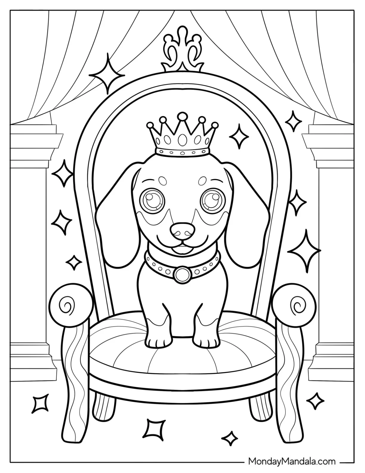 Royal Dachshund Wearing Crown on Throne with Sparkles and Curtains Coloring Page coloring page — printable line art