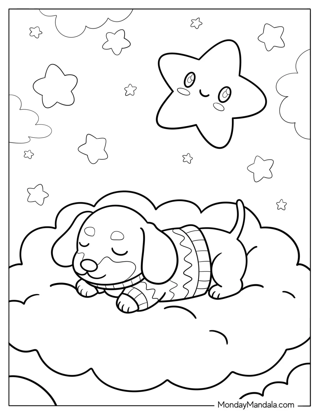 Sleepy Dachshund in Sweater on Fluffy Cloud with Smiling Stars Coloring Page coloring page