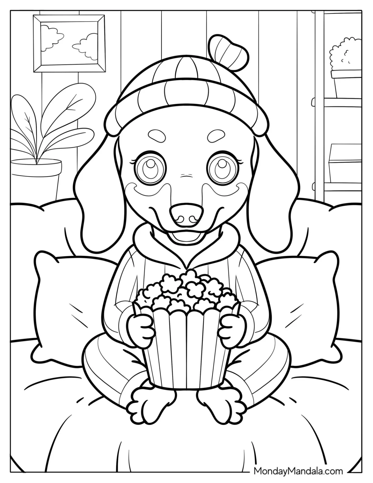 Snuggly Dachshund Puppy on Sofa with Popcorn Bucket and Pillows coloring page