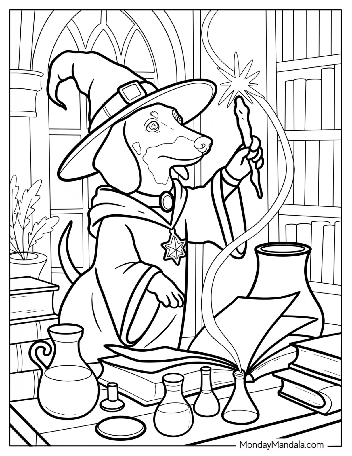 Wizard Dachshund Casting Spell in Magical Library with Potions and Books Coloring Sheet coloring page