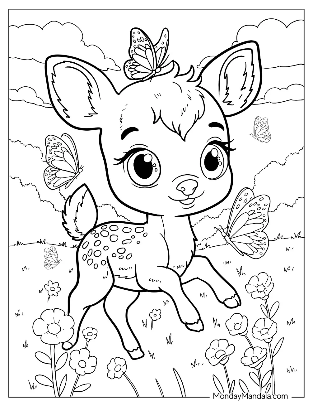 Adorable Baby Deer Coloring Page Running in a Flower Field with Butterflies for Kids coloring page