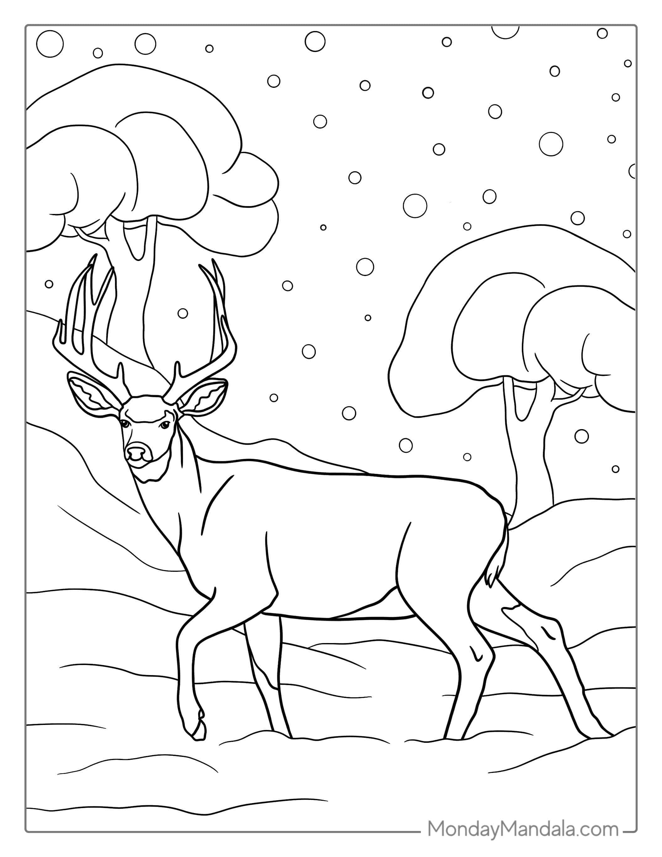 Buck Deer Walking In Snow During Winter coloring page — printable line art