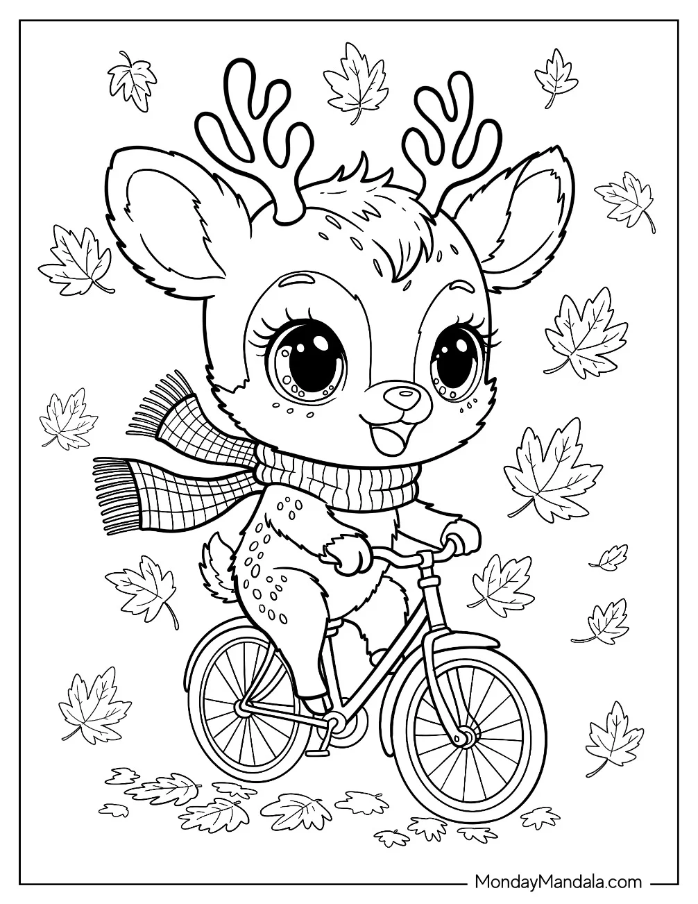 Cheerful Deer Coloring Page with Scarf Cycling in the Fall coloring page