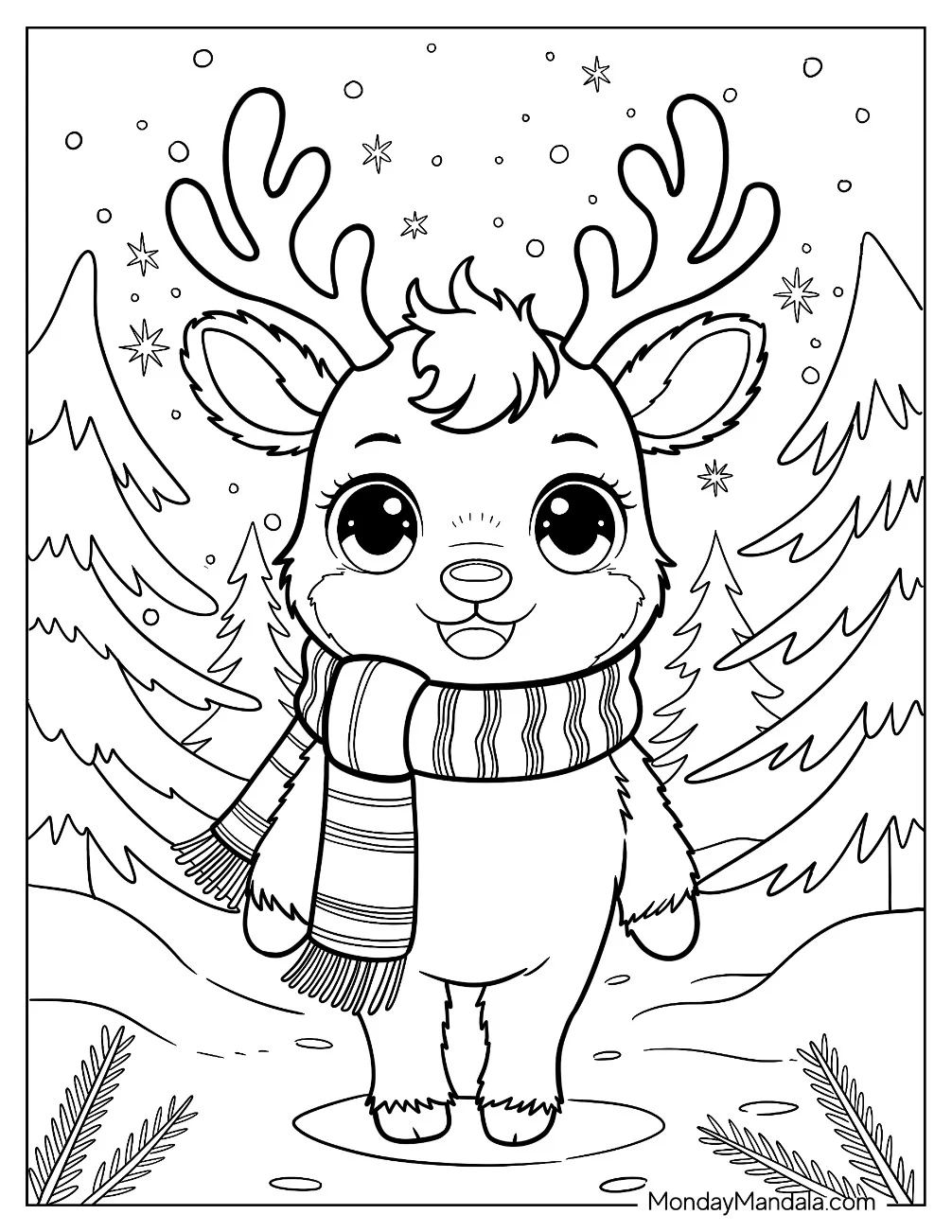 Cozy Deer Coloring Page with Scarf in a Winter Forest for Kids coloring page