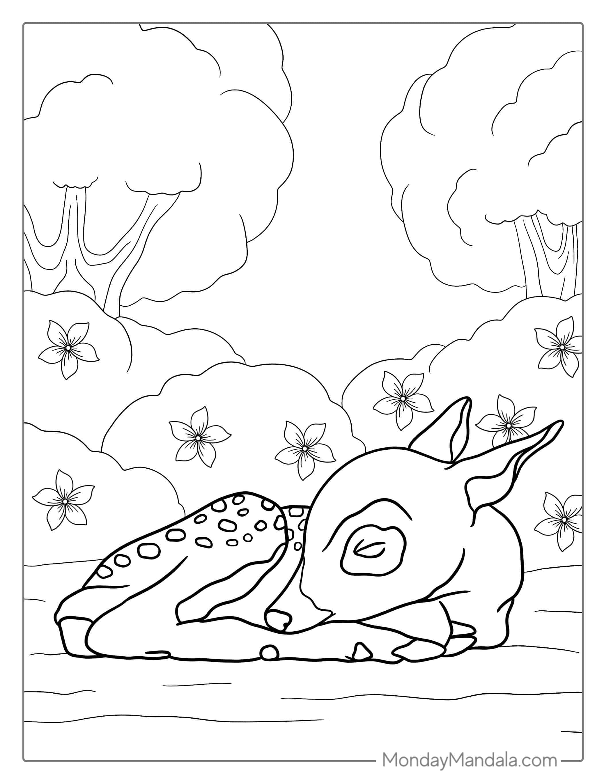 Cute Deer Fawn Sitting On Forest Floor coloring page — printable line art