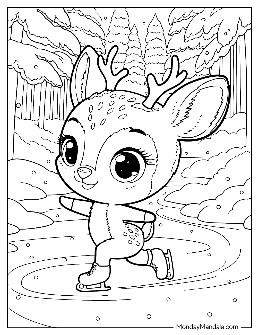 Figure Skating Deer Coloring Page in a Winter Forest coloring page