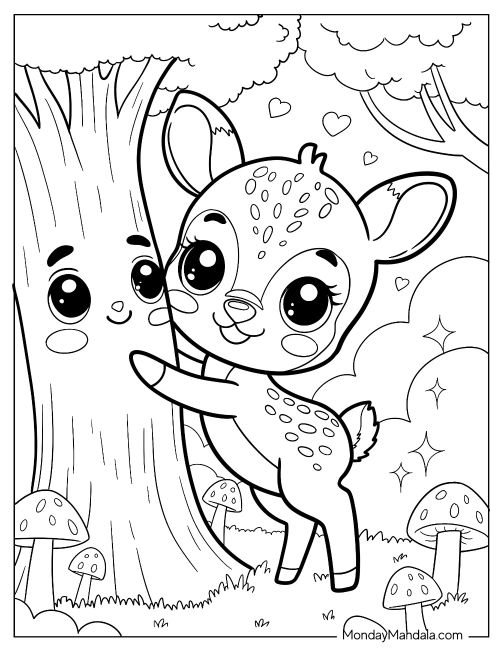 Friendly Deer Coloring Page Hugging a Tree for Kids coloring page
