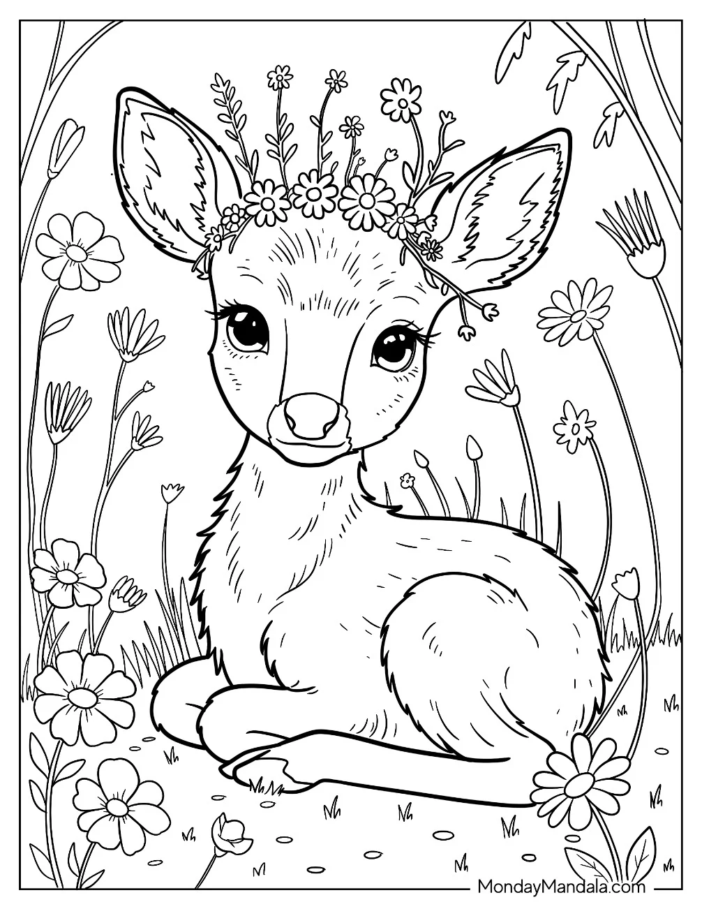 Furry Baby Deer Coloring Page with Flower Crown Coloring Page coloring page