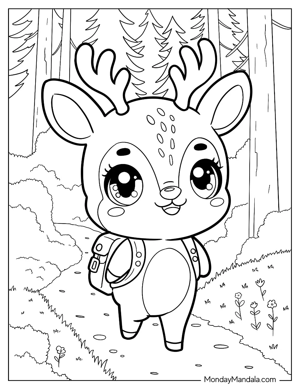 Kawaii Cartoon Deer Coloring Page with Backpack for Preschoolers coloring page