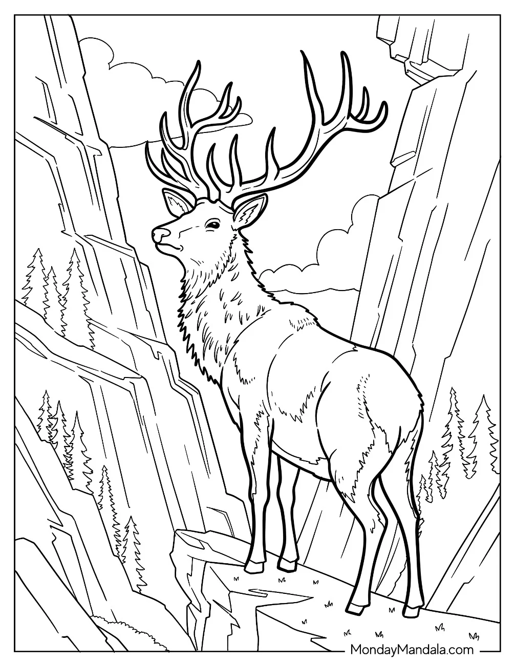 Large Deer in Rocky Terrain Coloring Sheet coloring page — printable line art